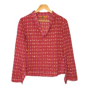 Tory Burch Top Geometric Print Pink Orange Stephanie Sequin Sparkle Women Size 2
